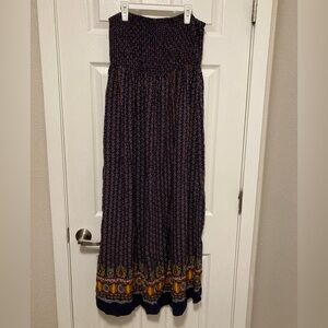 *Forever 21 Navy Bohemian Floral Print Strapless 1X Smocked Top Maxi Dress #F